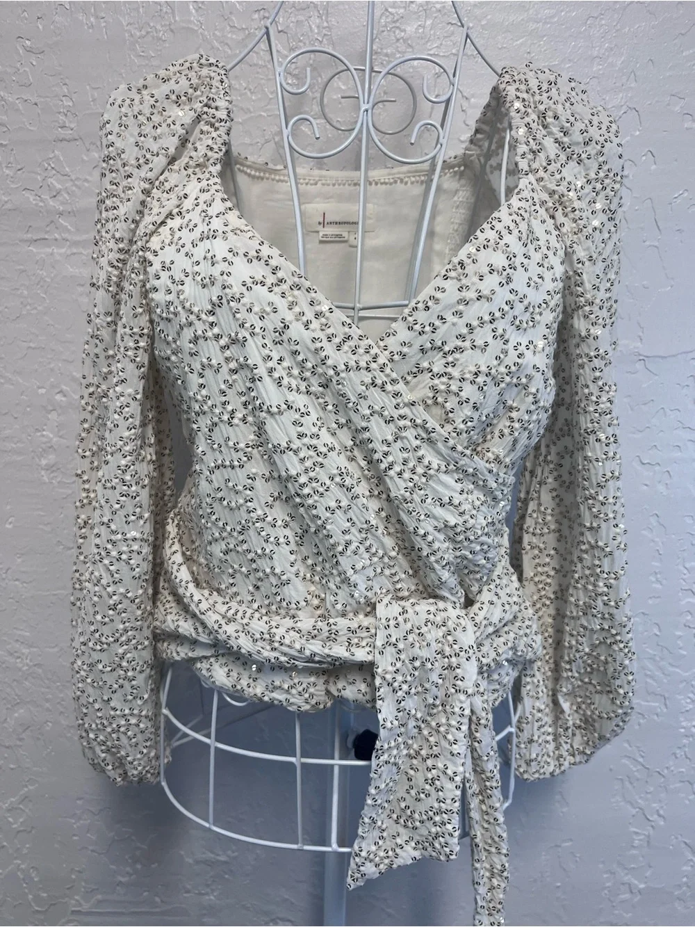 Anthropologie Cream Floral Wrap Blouse